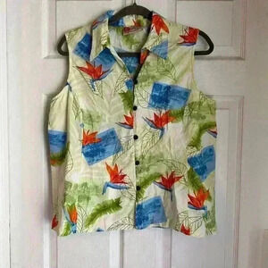 Hilo Hattie Hawaiian Aloha Birds of Paradise Sleeveless Button Front Blouse Sz L
